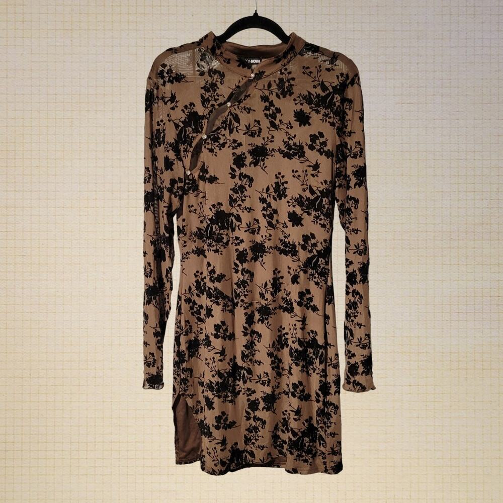 y2k Sheer Mesh Velvet Floral Bodycon Dress Fashion Nova XL Bedazzled Buttons'